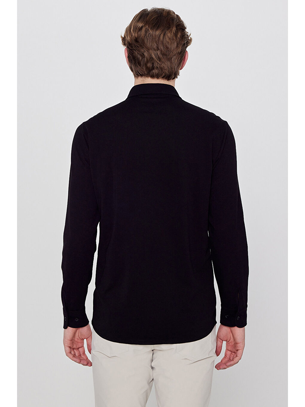 Siyah Pamuklu Slim Fit Dar Kesim Klasik Yaka Örme Gömlek-4