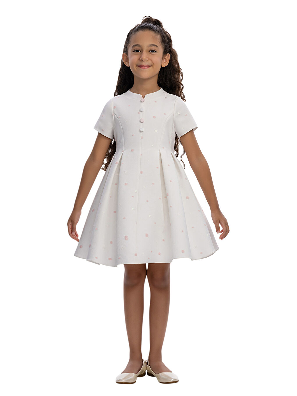Ekru Puantiyeli Düğme Detaylı Çocuk Elbise-1