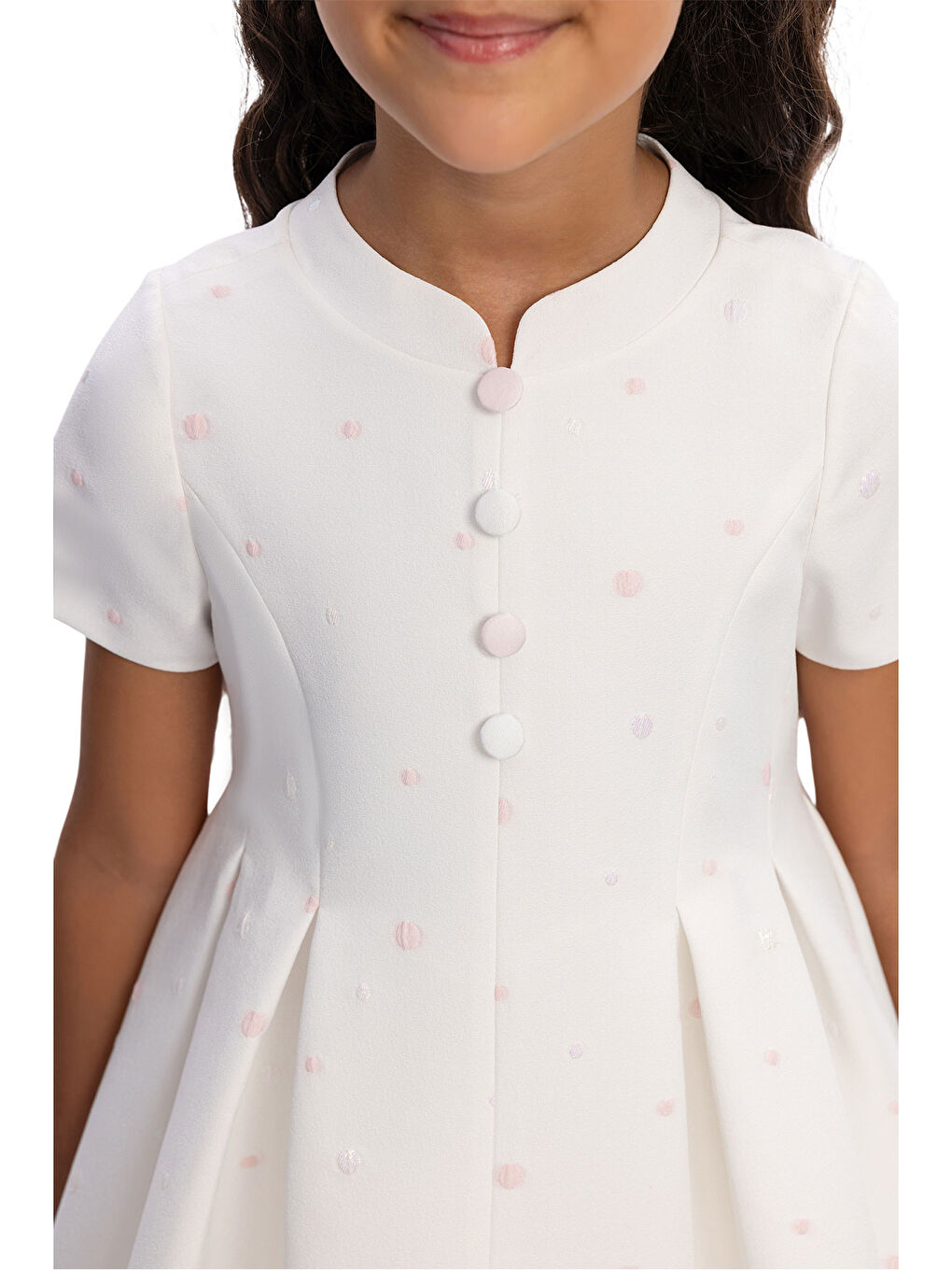 Ekru Puantiyeli Düğme Detaylı Çocuk Elbise-2