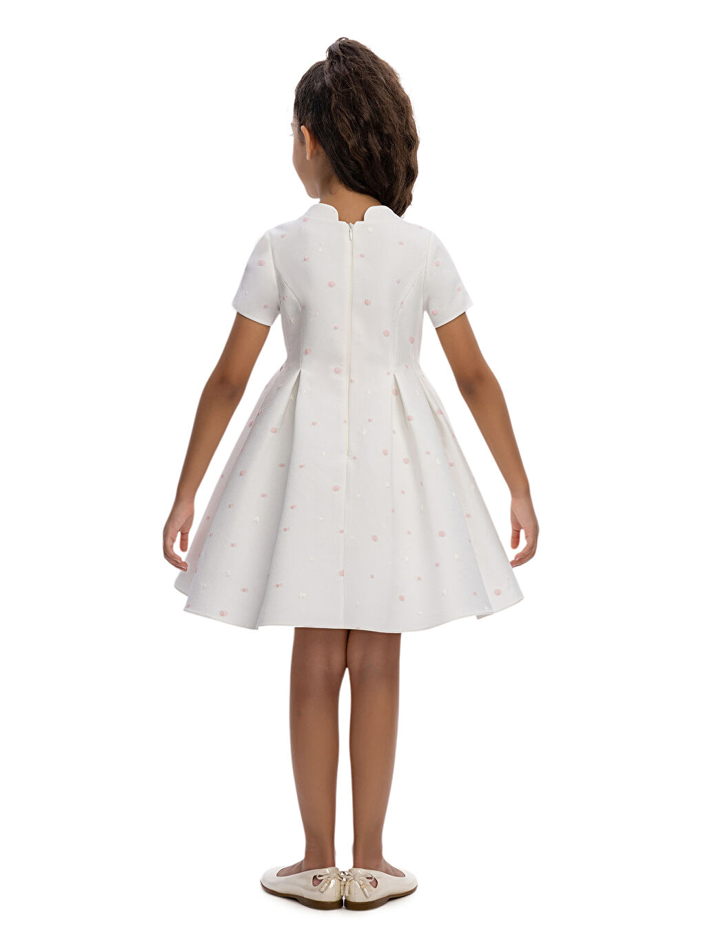 Ekru Puantiyeli Düğme Detaylı Çocuk Elbise-3