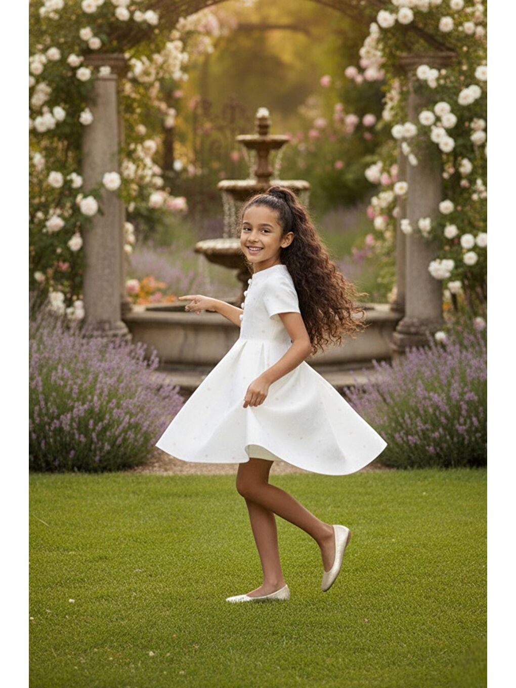 Ekru Puantiyeli Düğme Detaylı Çocuk Elbise-4