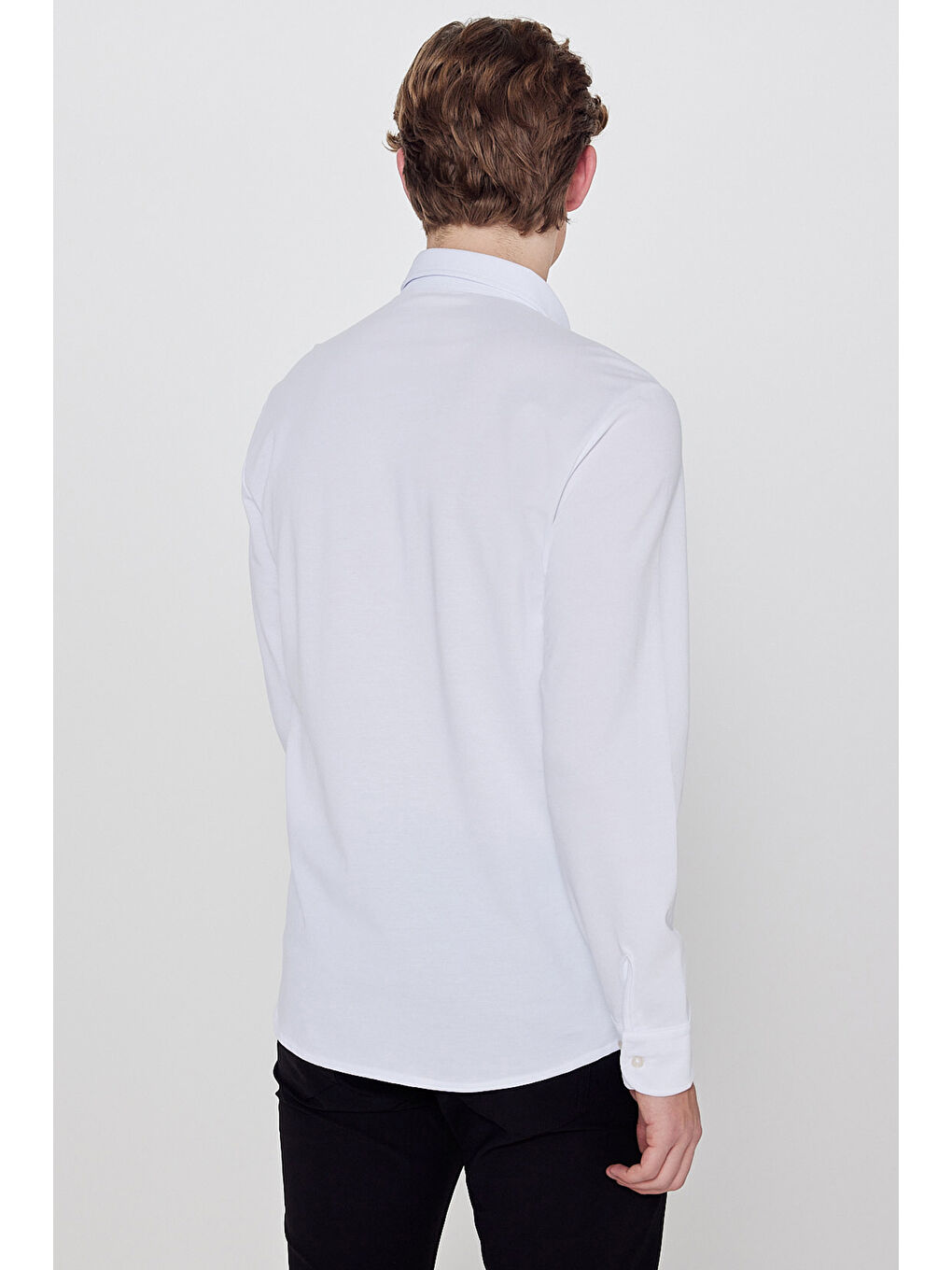 Beyaz Pamuklu Slim Fit Dar Kesim Klasik Yaka Örme Gömlek-4