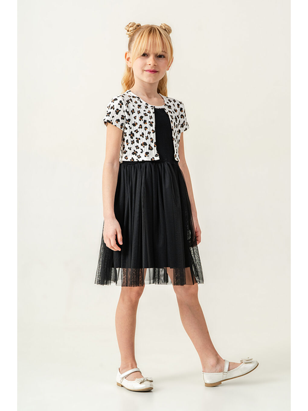 Kız Çocuk Leopar Desenli Tüllü Elbise 2-7 Yaş Ekru 008-1