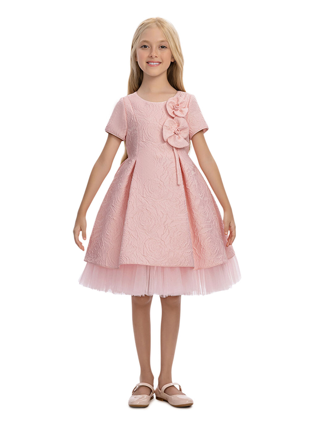 Bej Çiçek Desen Tül Detaylı Çocuk Elbise-1