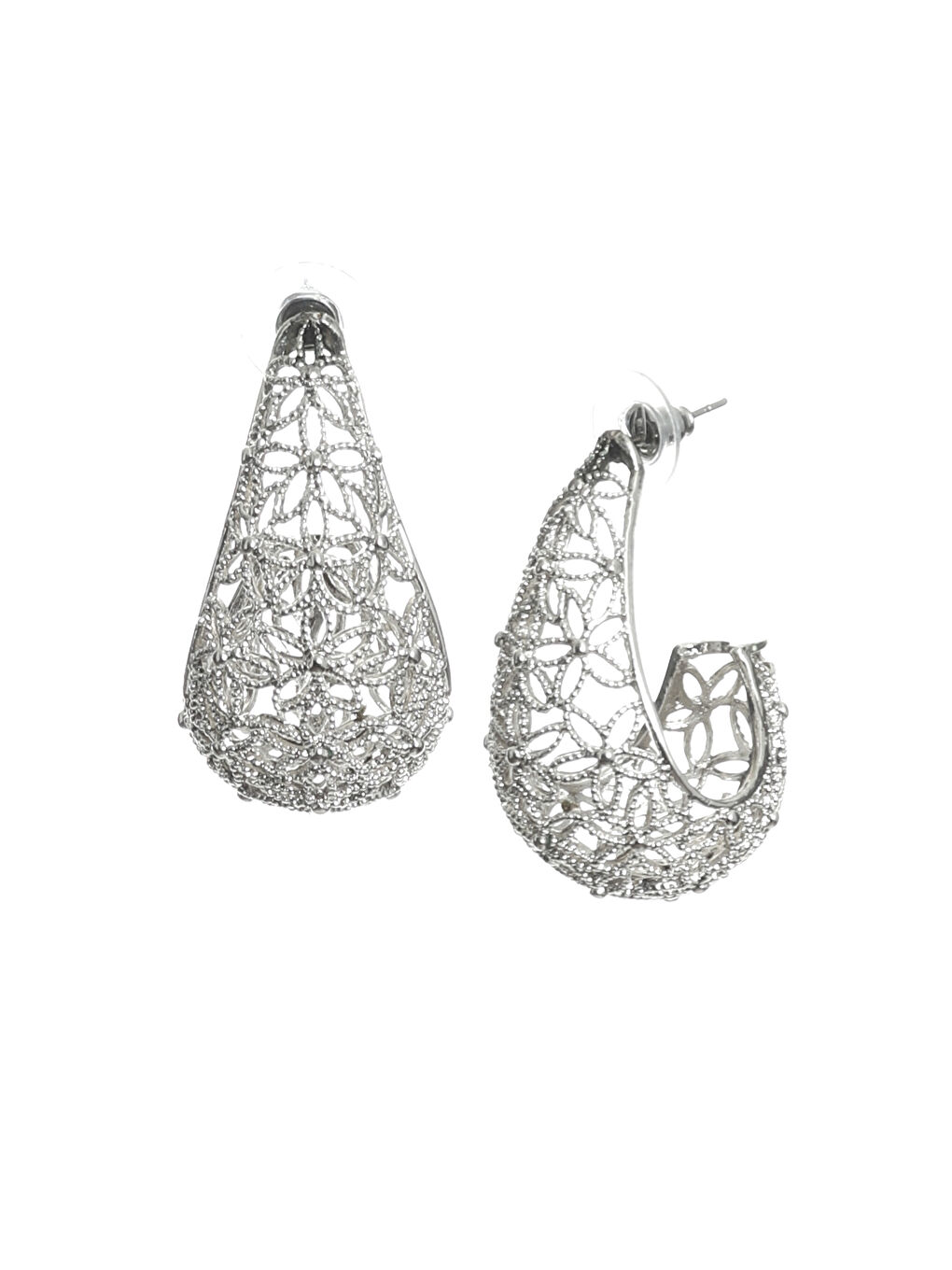 Gri Kadın Telkari Görünümlü Çiçek Motifli Çivili Model Damla Formlu Küpe