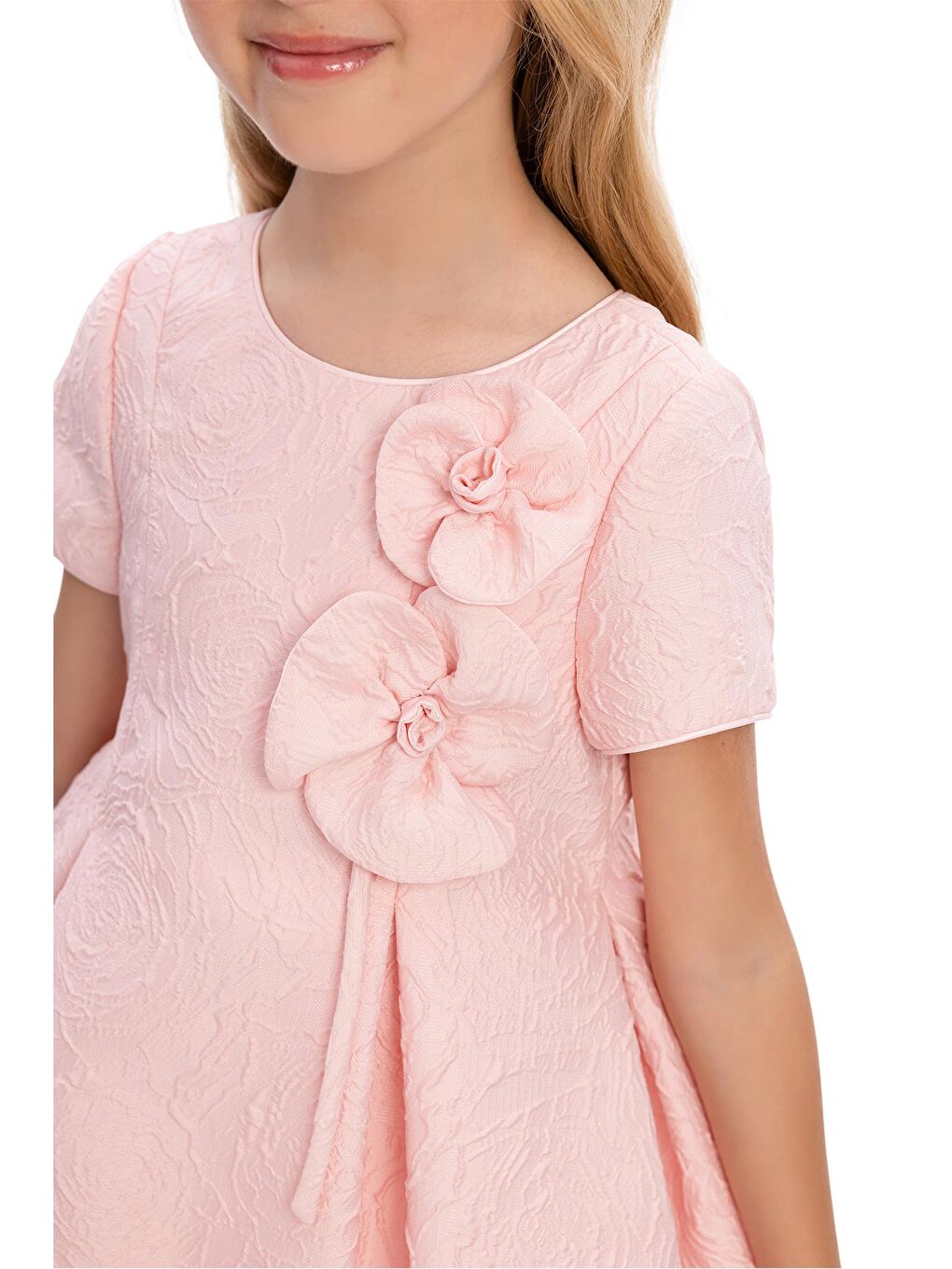 Bej Çiçek Desen Tül Detaylı Çocuk Elbise-2