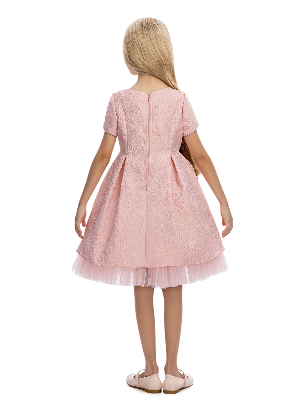 Bej Çiçek Desen Tül Detaylı Çocuk Elbise-3