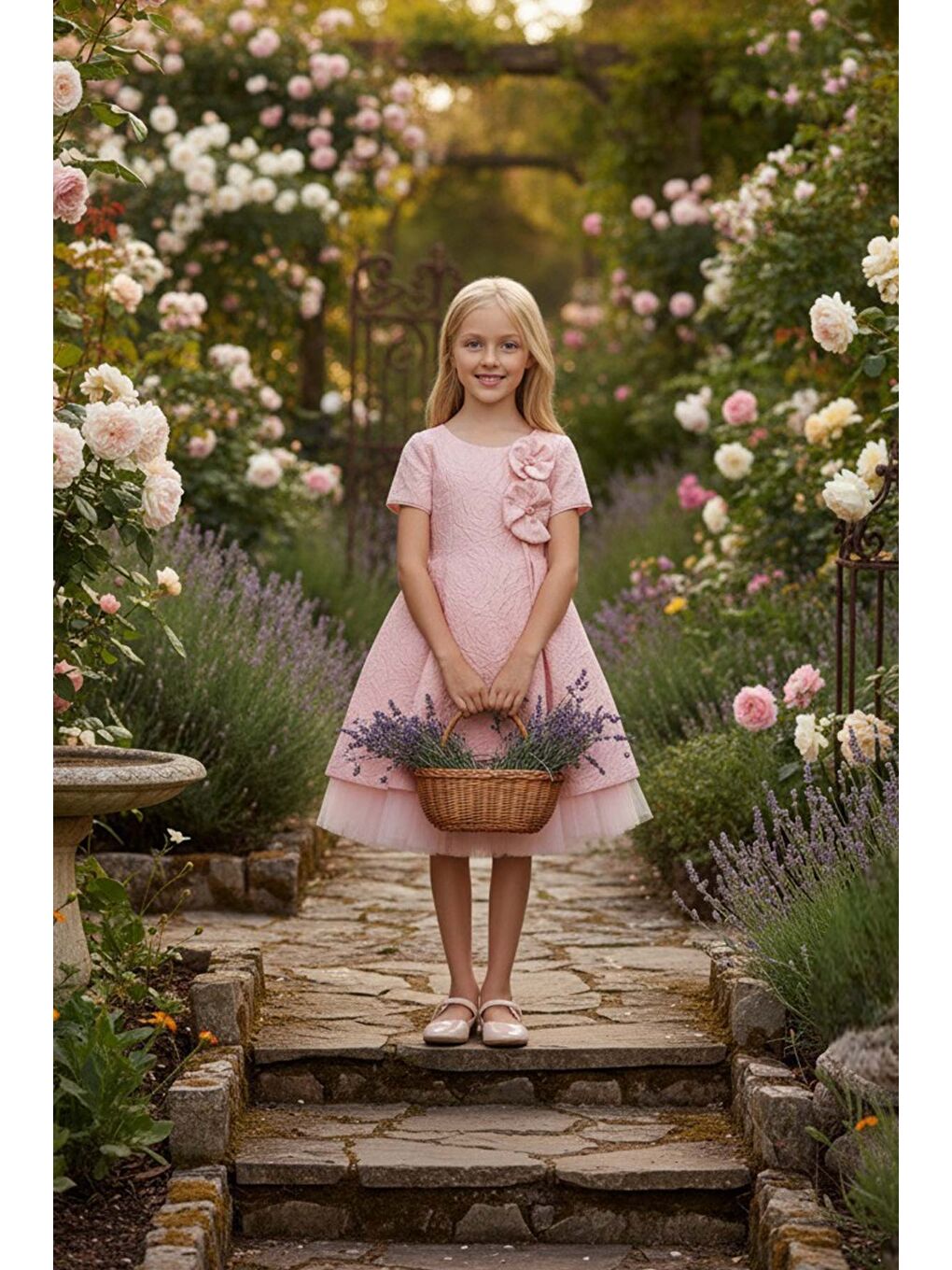 Bej Çiçek Desen Tül Detaylı Çocuk Elbise-4