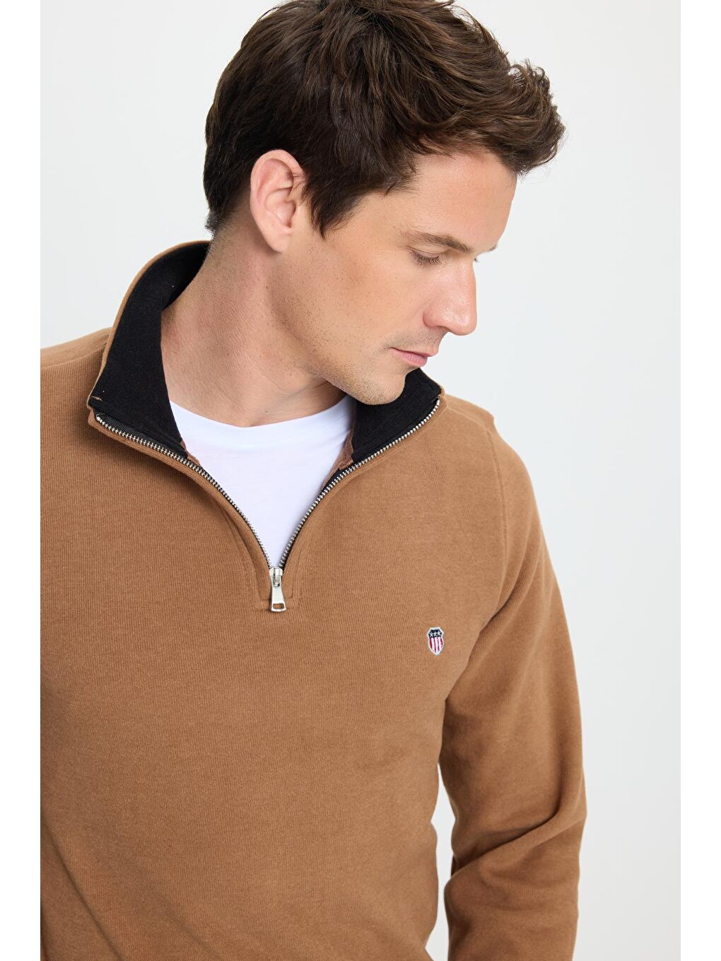 Kahverengi Erkek Slim Fit Dar Kesim Pamuklu Selanik Kumaş Dik Yaka Kiremit Sweatshirt-1