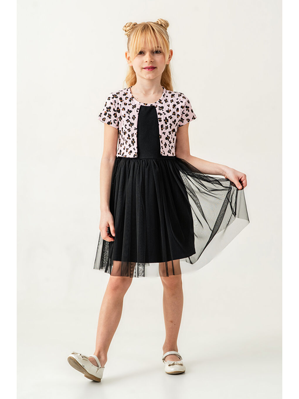 Kız Çocuk Leopar Desenli Tüllü Elbise 2-7 Yaş Pembe 008-2