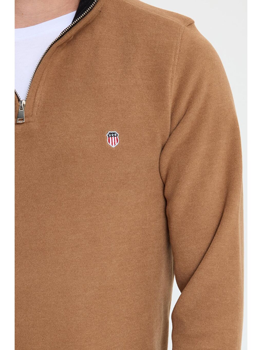 Kahverengi Erkek Slim Fit Dar Kesim Pamuklu Selanik Kumaş Dik Yaka Kiremit Sweatshirt-2