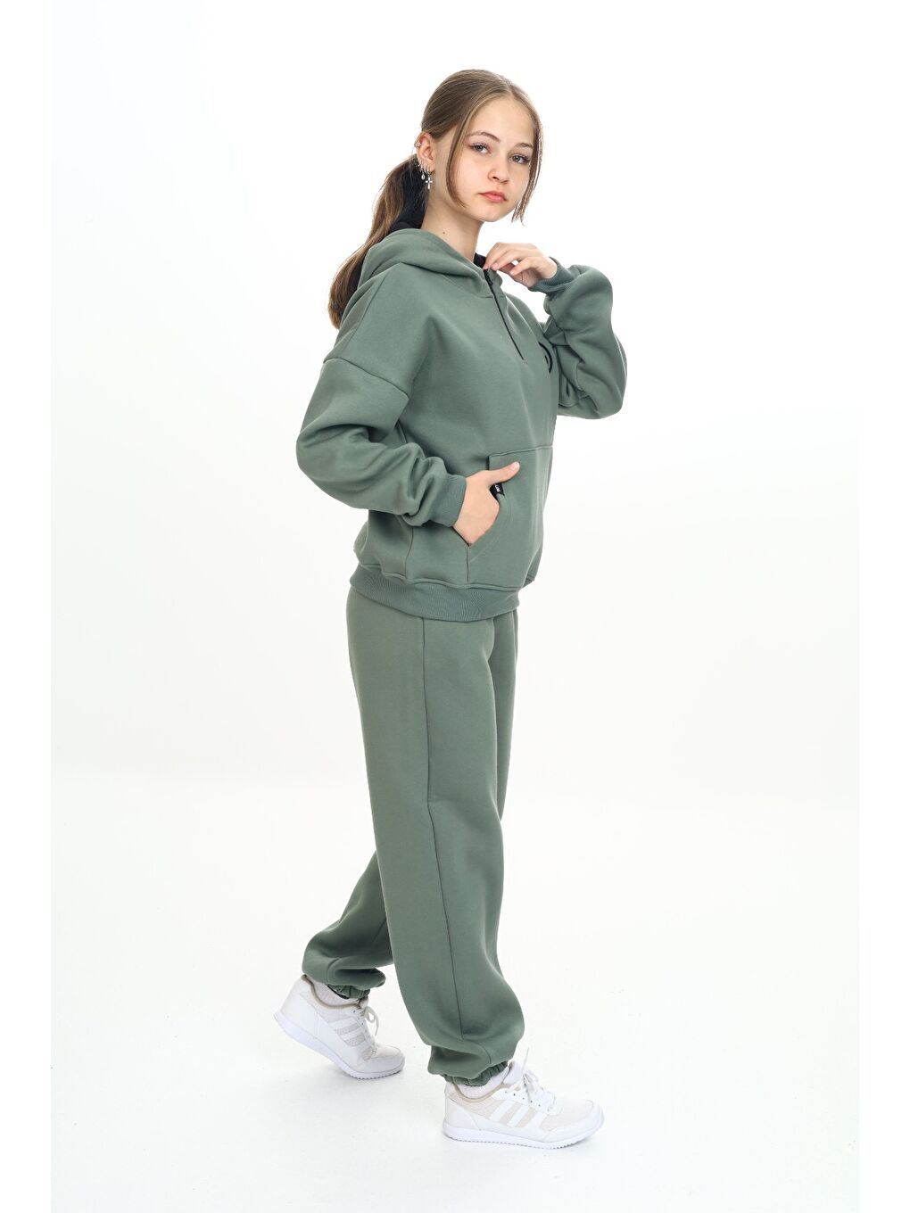 Yeşil Kız Çocuk Kapüşonlu Eşofman Takım-3