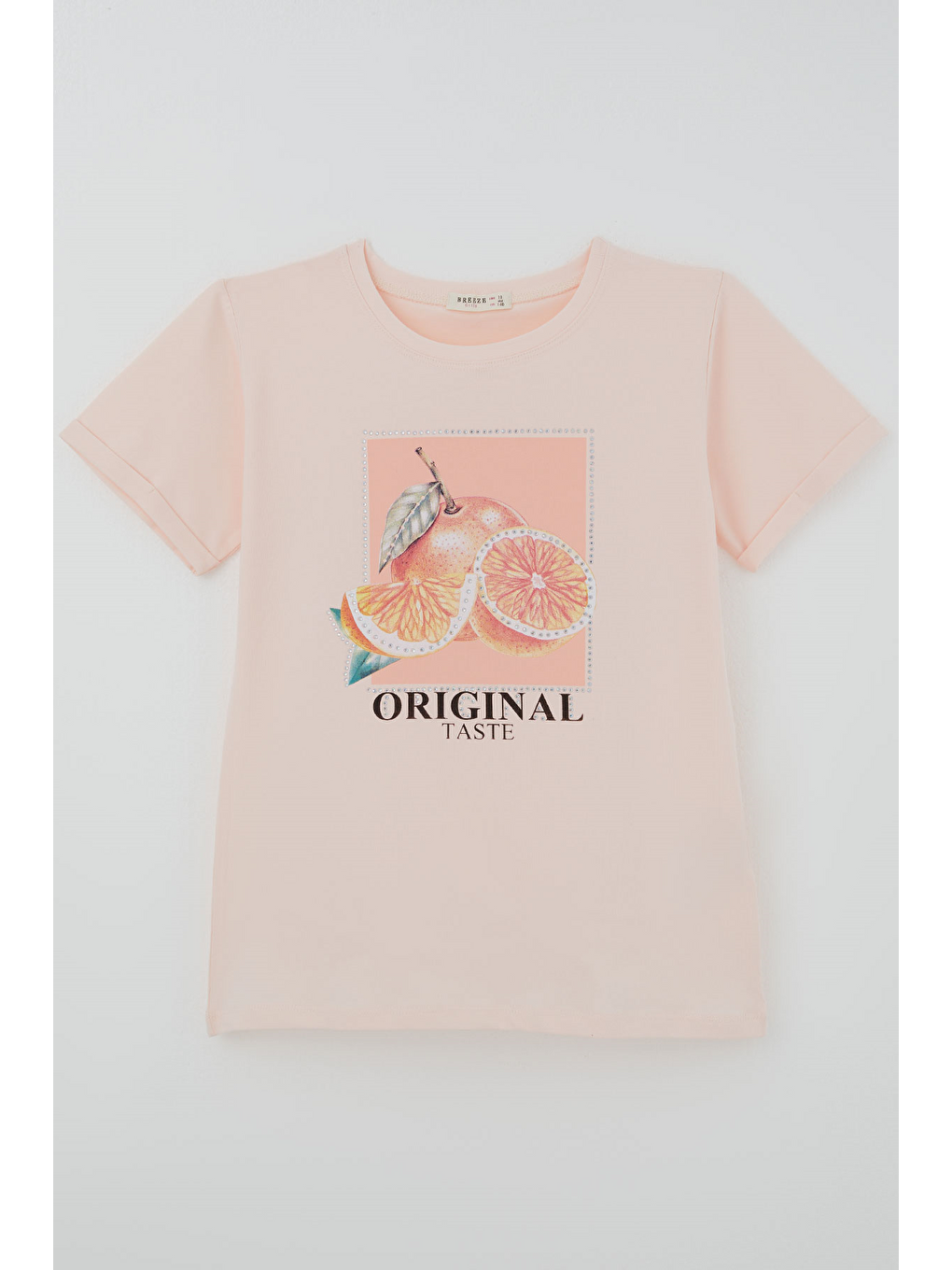 Pembe Kız Çocuk Kısa Kollu Tişört Narenciye Baskılı Taş Aksesuarlı Pudra (10-16 Yaş)