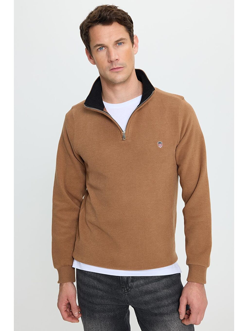 Kahverengi Erkek Slim Fit Dar Kesim Pamuklu Selanik Kumaş Dik Yaka Kiremit Sweatshirt-3