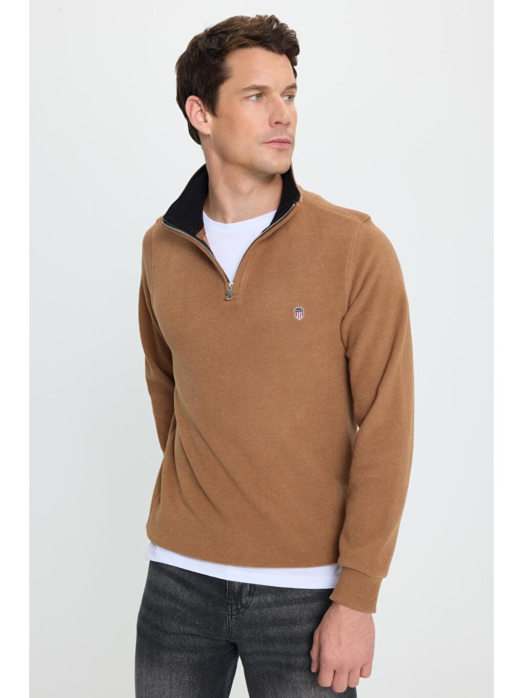 Kahverengi Erkek Slim Fit Dar Kesim Pamuklu Selanik Kumaş Dik Yaka Kiremit Sweatshirt-5