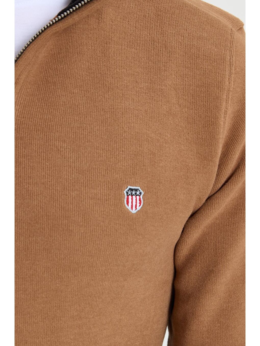 Kahverengi Erkek Slim Fit Dar Kesim Pamuklu Selanik Kumaş Dik Yaka Kiremit Sweatshirt-6