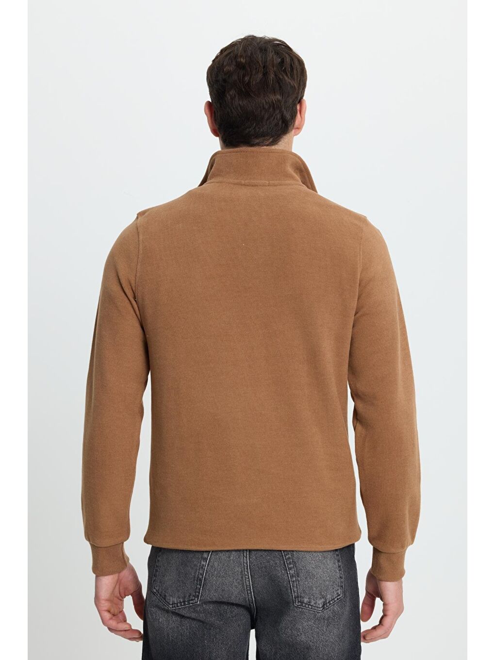 Kahverengi Erkek Slim Fit Dar Kesim Pamuklu Selanik Kumaş Dik Yaka Kiremit Sweatshirt-7