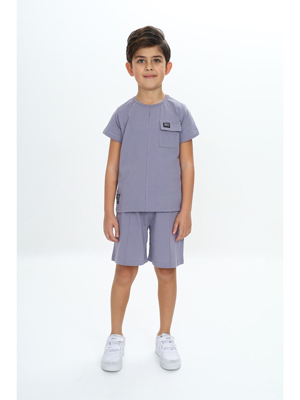 Gri Erkek Çocuk Göğsü Cepli Armalı Şortlu Takım