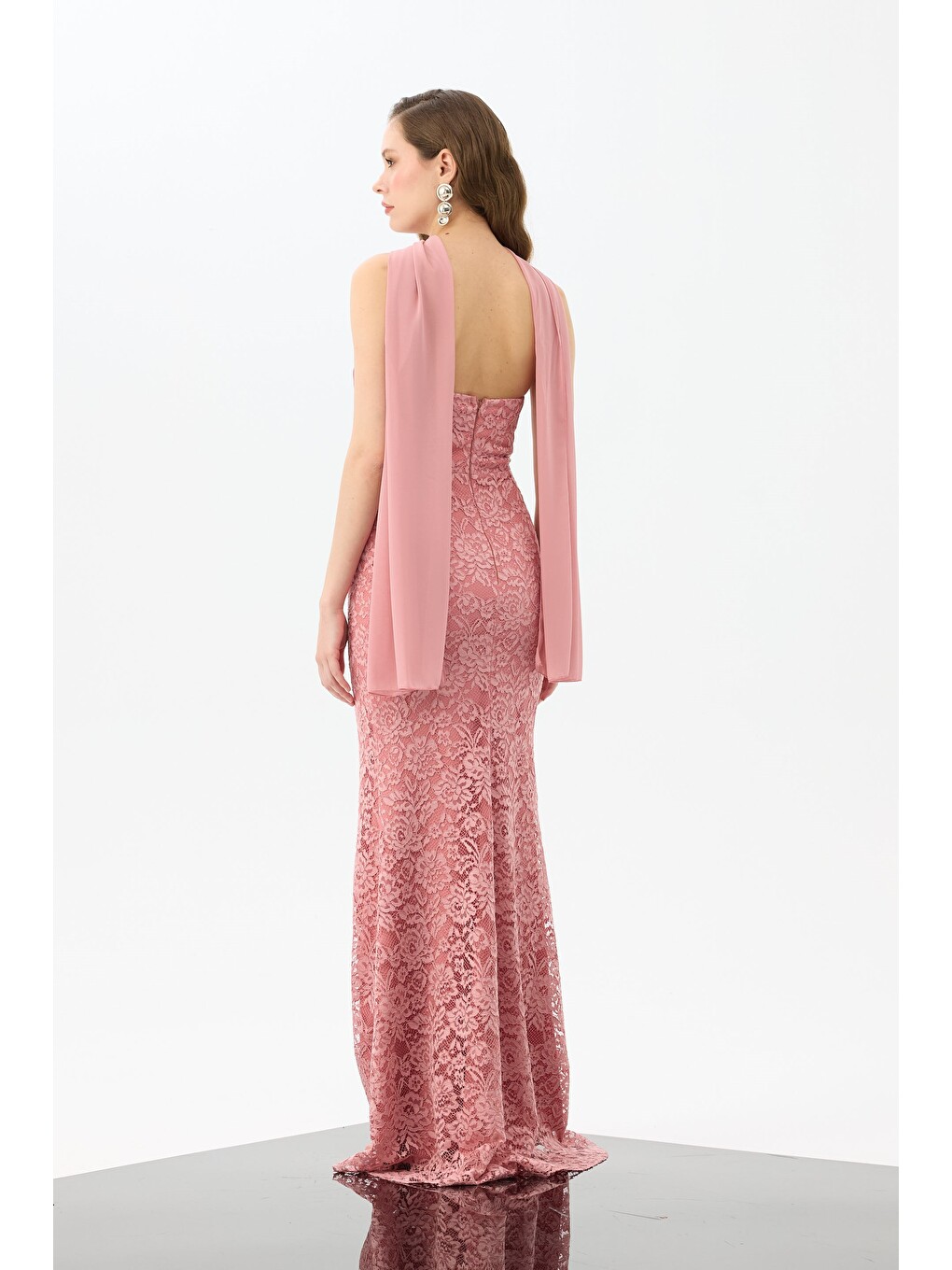 Pembe Pudra Şallı Straplez Dantelli Abiye Elbise-5