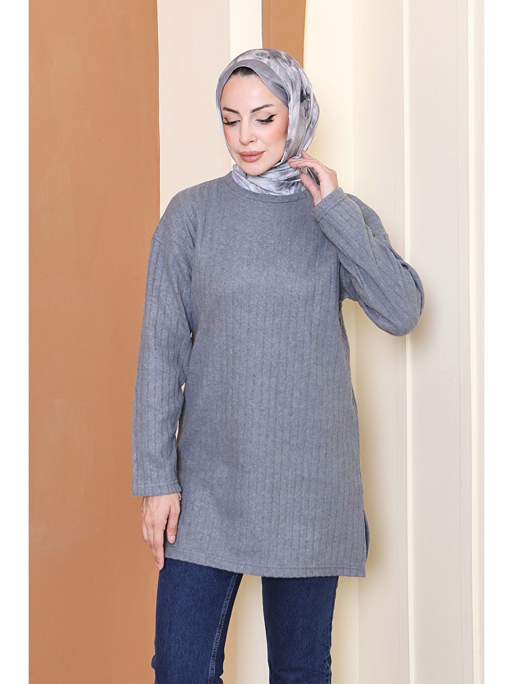 Gri İnterlok Yırtmaçlı Tunik Füme - 27803-FUME