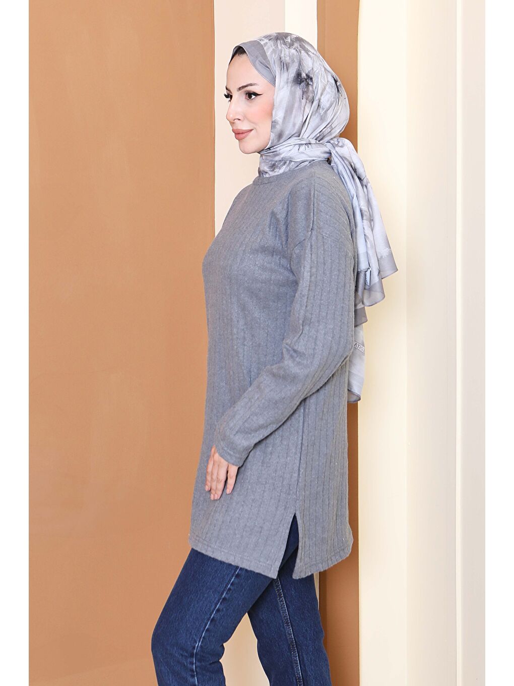 Gri İnterlok Yırtmaçlı Tunik Füme - 27803-FUME-1