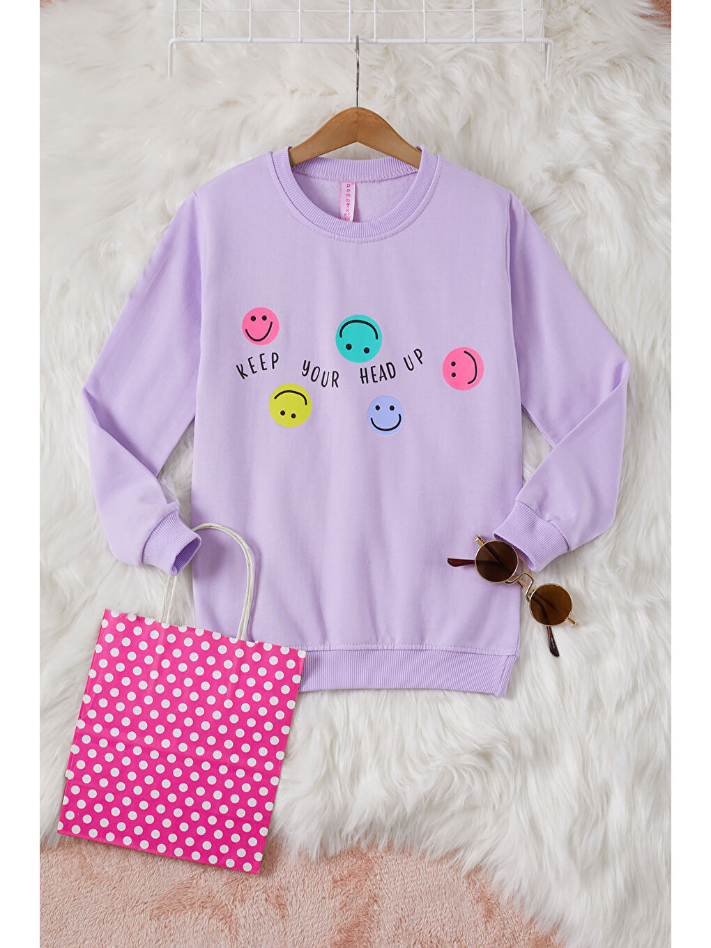 Pembe Life Kids Club Lila Gülen Yüz Baskılı Kız Çocuk Bisiklet Yaka Sweatshirt 17284