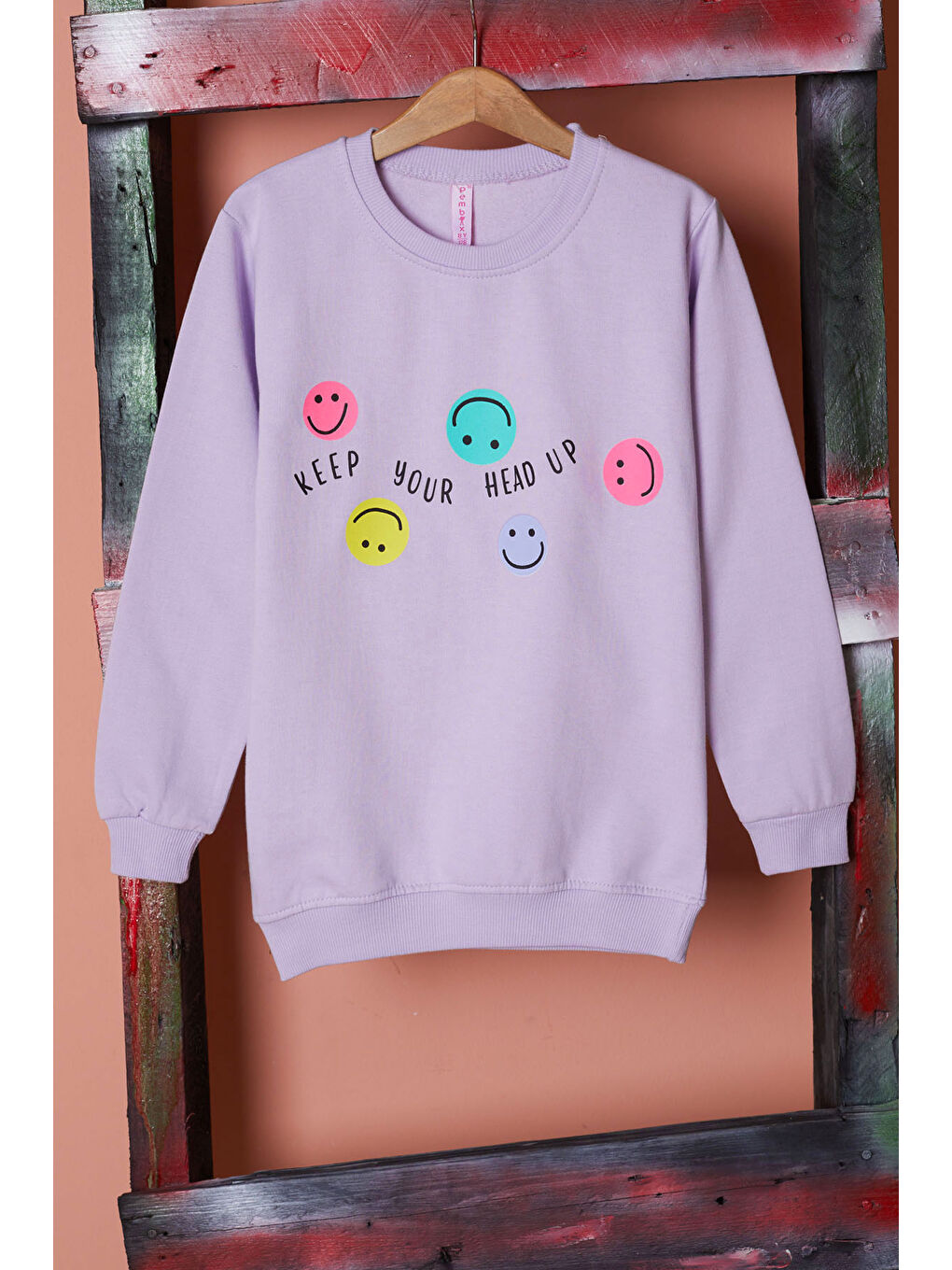 Pembe Life Kids Club Lila Gülen Yüz Baskılı Kız Çocuk Bisiklet Yaka Sweatshirt 17284 - 1