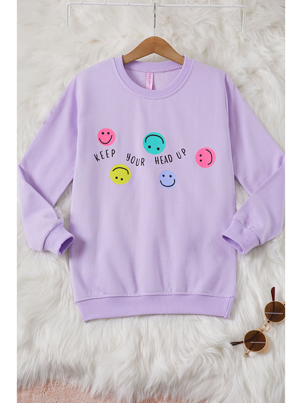 Pembe Life Kids Club Lila Gülen Yüz Baskılı Kız Çocuk Bisiklet Yaka Sweatshirt 17284 - 2