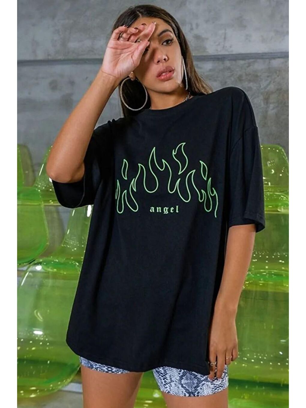 uyguntarz Siyah Green Angel Baskılı T-shirt