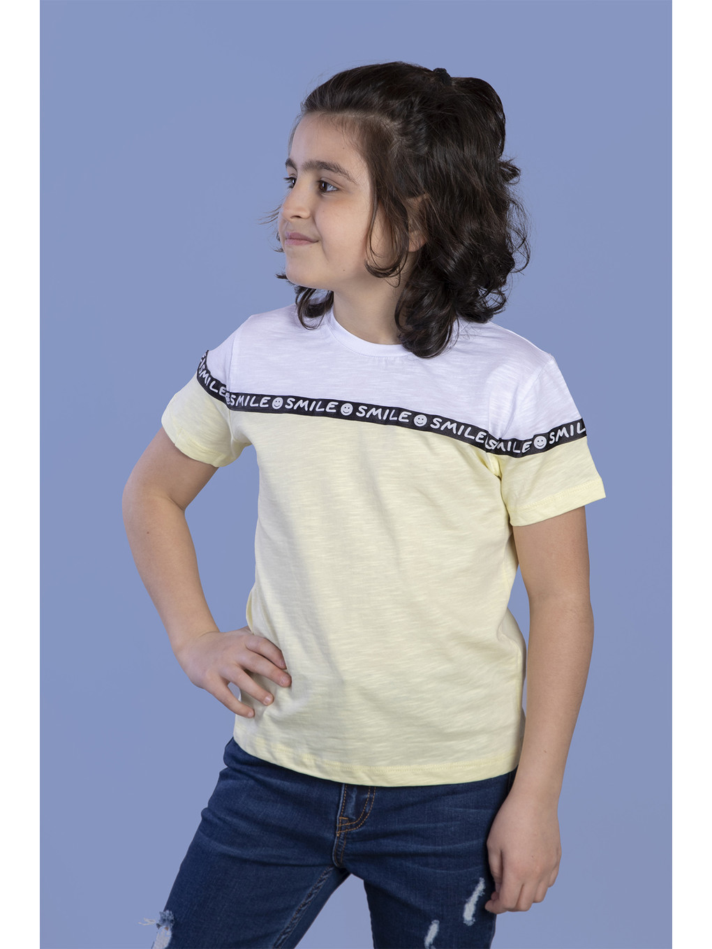 Sarı Erkek Çocuk Şeritli Garnili Tişört