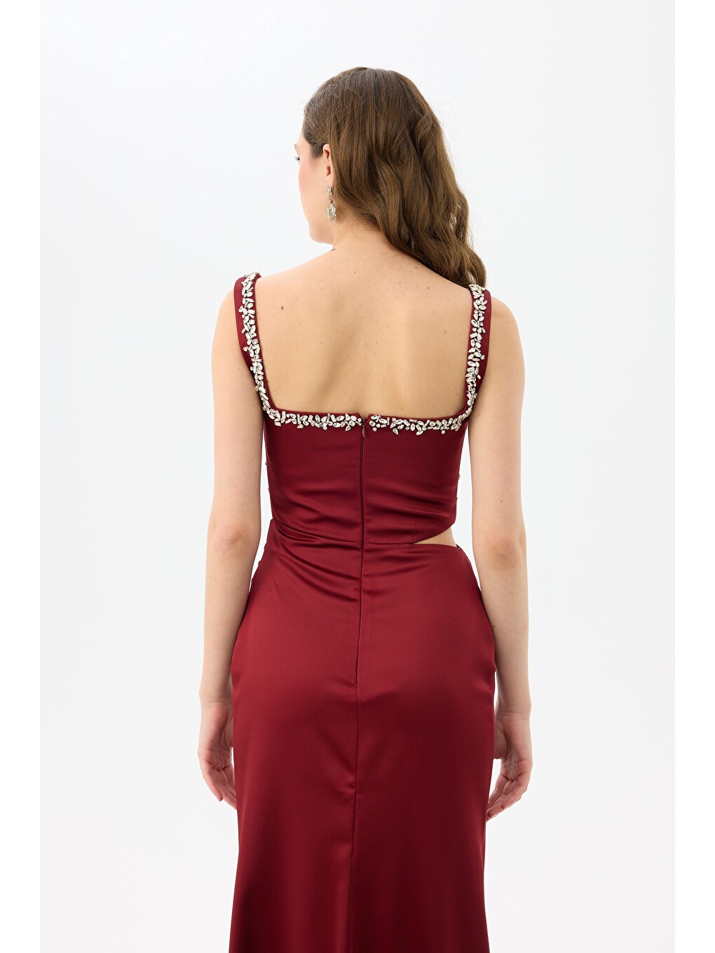 Bordo İşlemeli Yırtmaçlı Saten Abiye Elbise-4