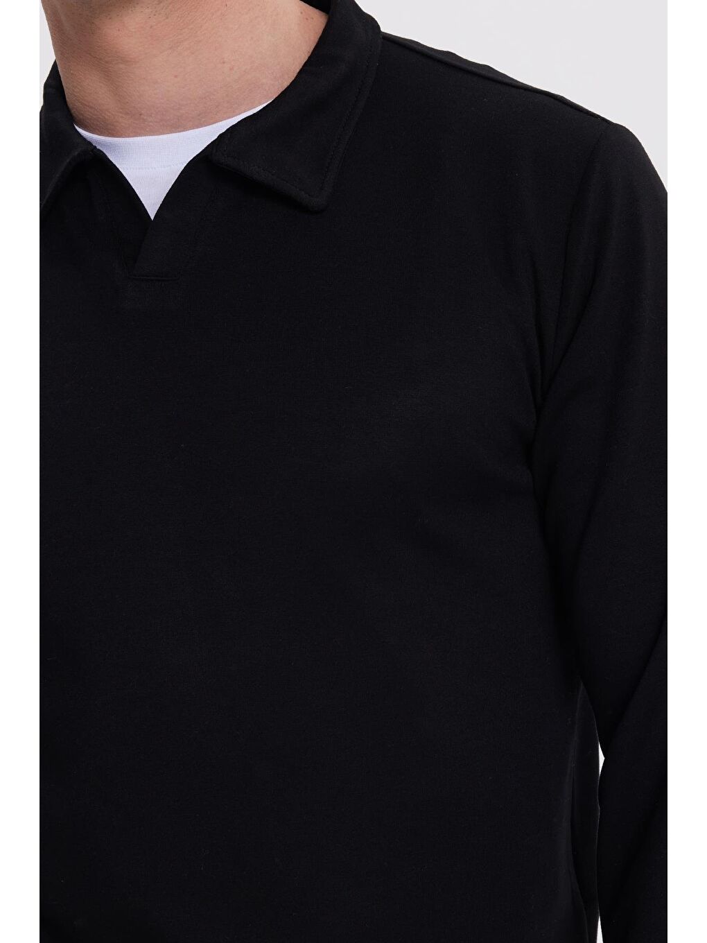 Erkek Relax Fit Rahat Kesim Polo V Yaka Siyah Sweatshirt-2