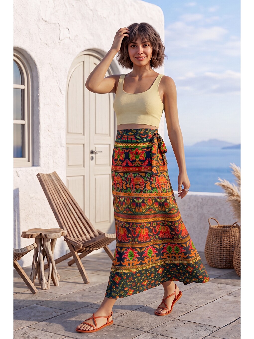 Yeşil Beli Bağlamalı Allover Baskılı Casual Pamuklu Uzun Anvelop Dokuma Etek 102 70-6