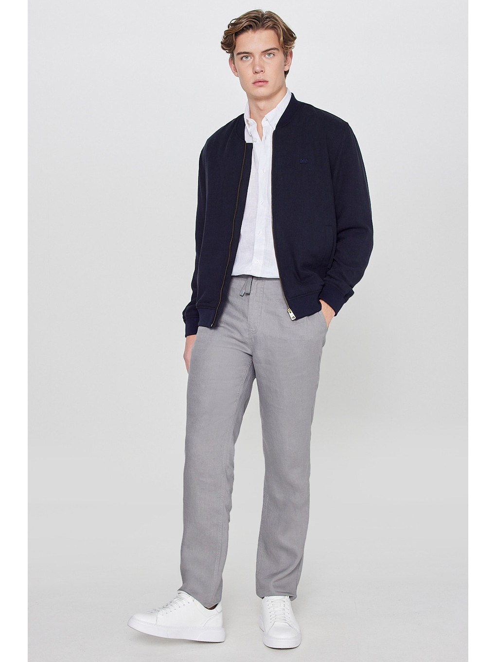 Lacivert Keten Regular Fit Normal Kesim Cepli Bomber Ceket-2