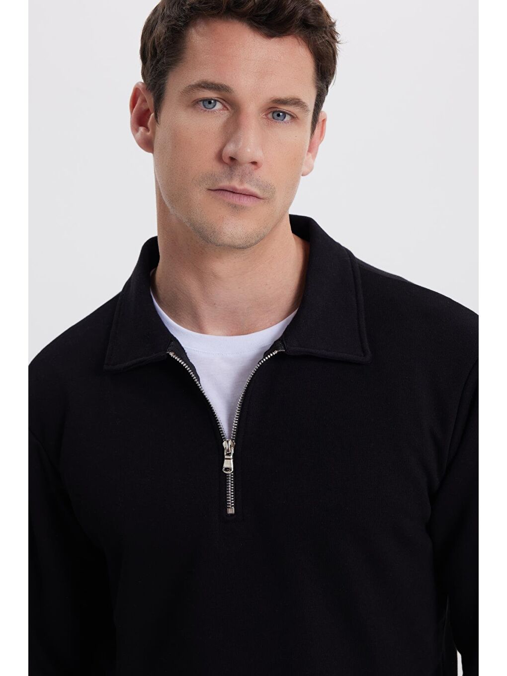 Erkek Relax Fit Rahat Kesim Pamuklu 3 İplik Fermuarlı Polo Yaka Siyah Sweatshirt-1