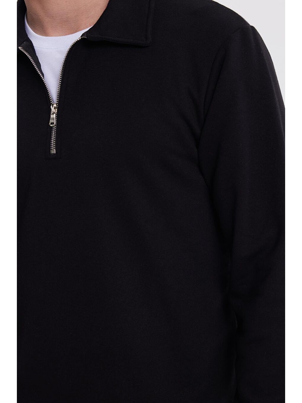 Erkek Relax Fit Rahat Kesim Pamuklu 3 İplik Fermuarlı Polo Yaka Siyah Sweatshirt-2