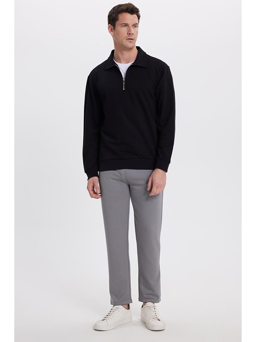 Erkek Relax Fit Rahat Kesim Pamuklu 3 İplik Fermuarlı Polo Yaka Siyah Sweatshirt-3