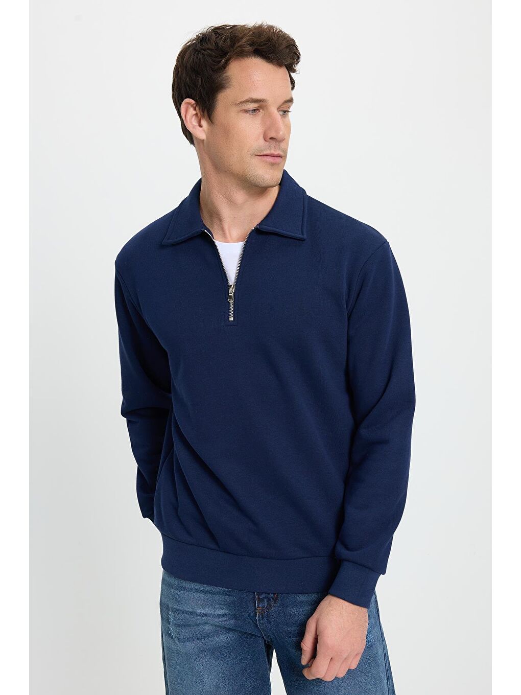 Erkek Relax Fit Rahat Kesim Pamuklu 3 İplik Fermuarlı Polo Yaka Lacivert Sweatshirt