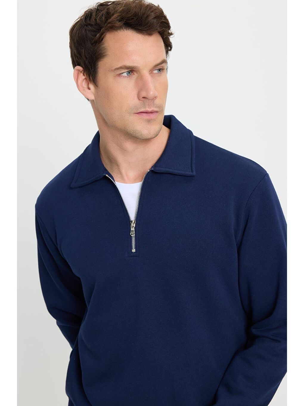 Erkek Relax Fit Rahat Kesim Pamuklu 3 İplik Fermuarlı Polo Yaka Lacivert Sweatshirt-1