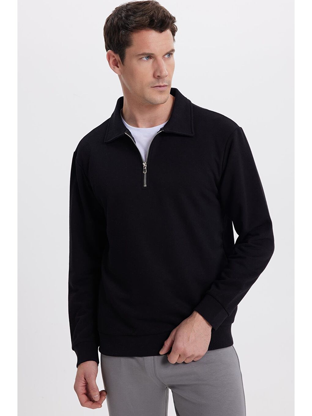 Erkek Relax Fit Rahat Kesim Pamuklu 3 İplik Fermuarlı Polo Yaka Siyah Sweatshirt-4