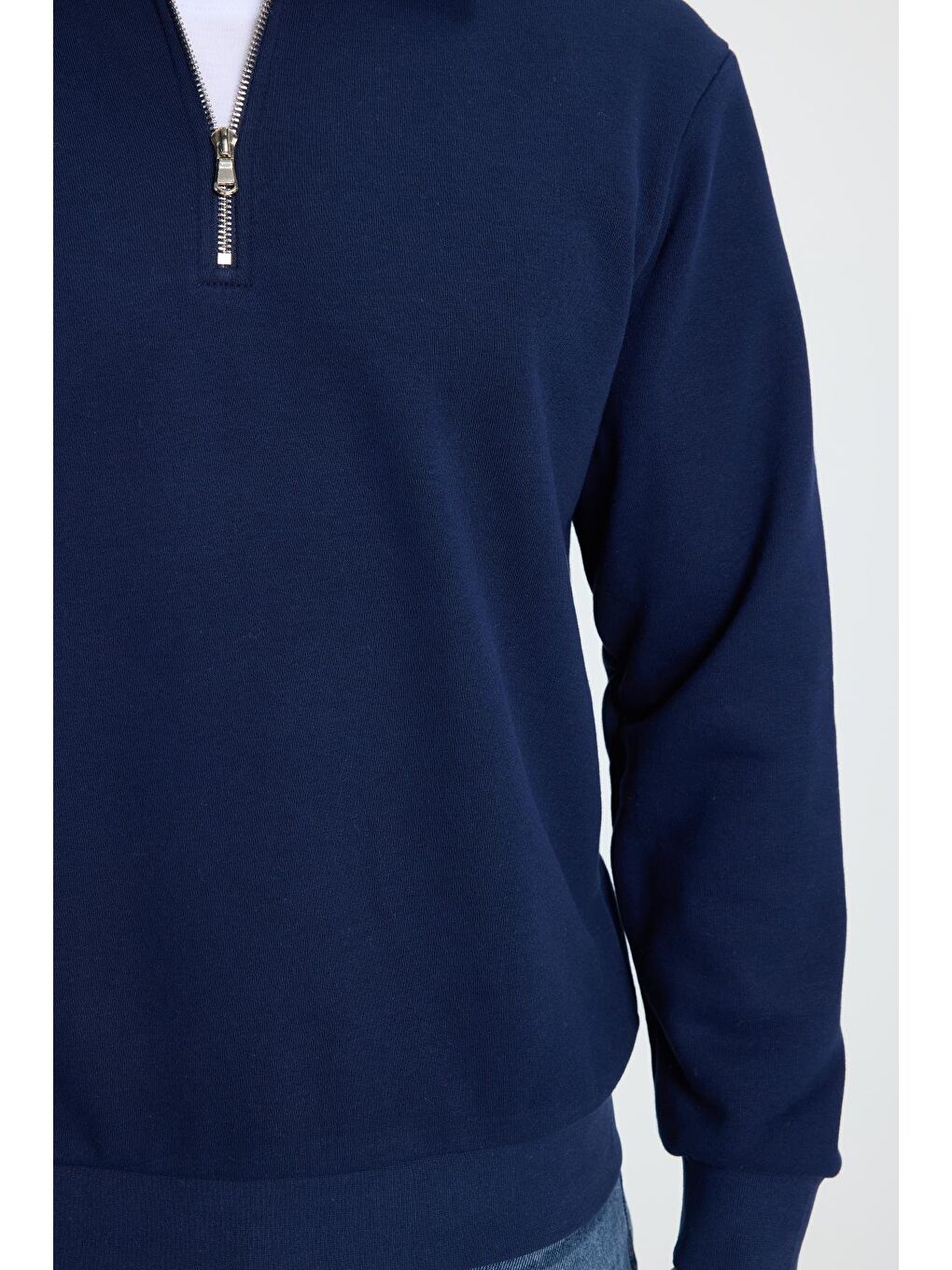 Erkek Relax Fit Rahat Kesim Pamuklu 3 İplik Fermuarlı Polo Yaka Lacivert Sweatshirt-2