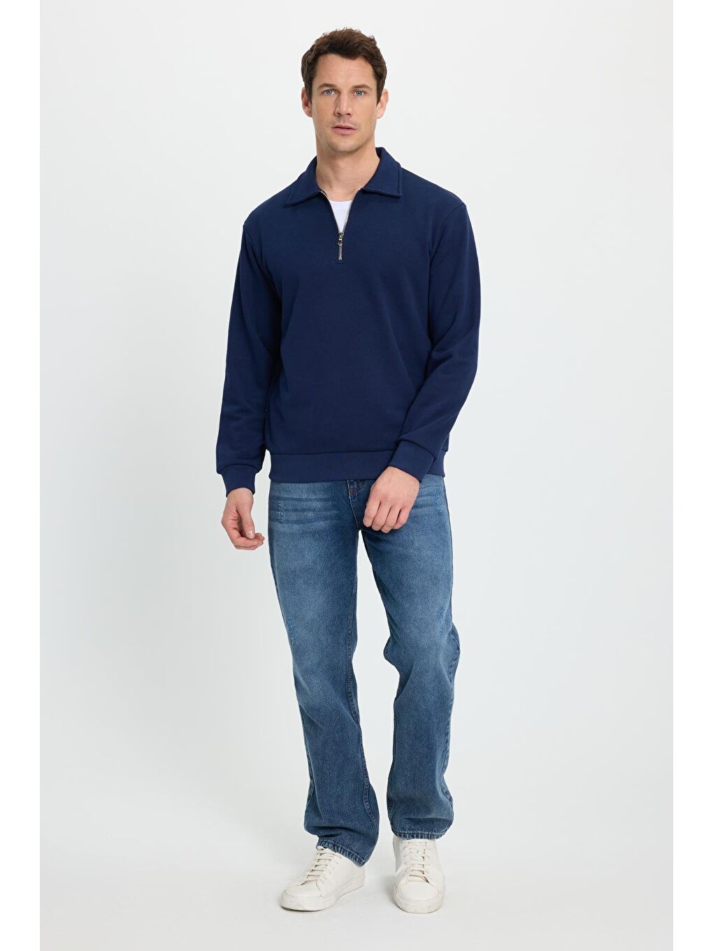 Erkek Relax Fit Rahat Kesim Pamuklu 3 İplik Fermuarlı Polo Yaka Lacivert Sweatshirt-3