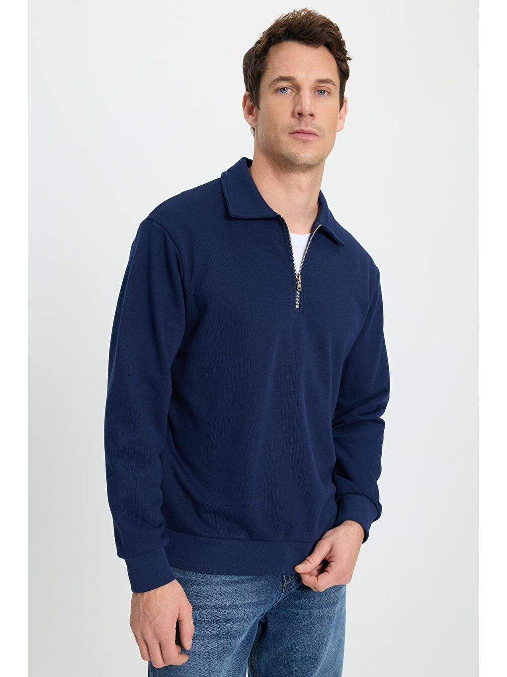 Erkek Relax Fit Rahat Kesim Pamuklu 3 İplik Fermuarlı Polo Yaka Lacivert Sweatshirt-4
