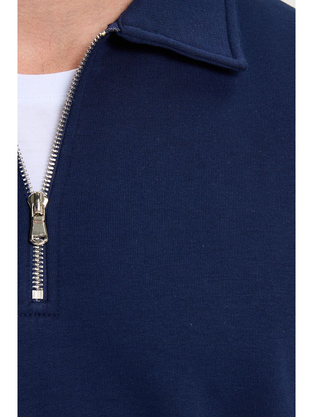 Erkek Relax Fit Rahat Kesim Pamuklu 3 İplik Fermuarlı Polo Yaka Lacivert Sweatshirt-5