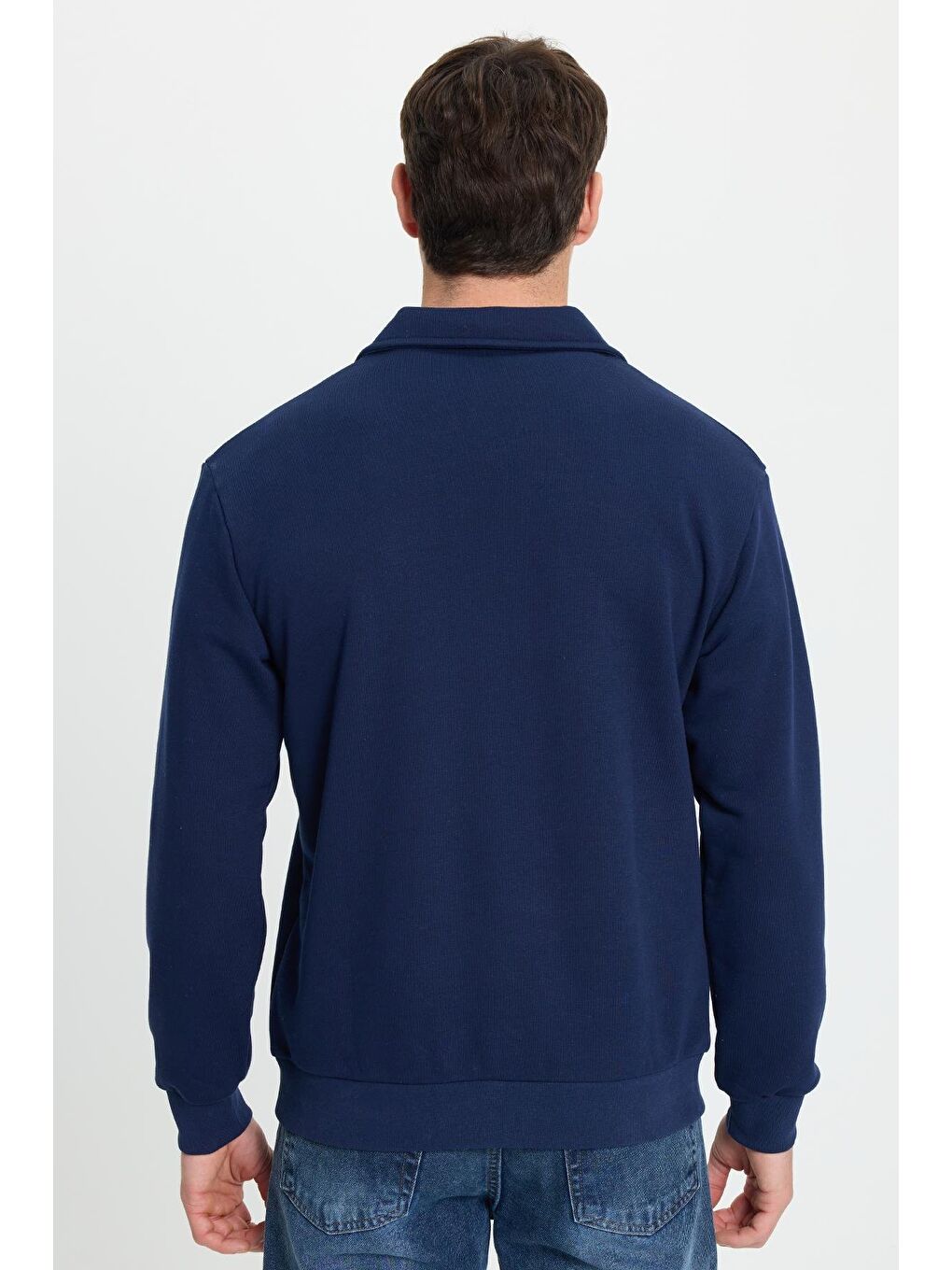Erkek Relax Fit Rahat Kesim Pamuklu 3 İplik Fermuarlı Polo Yaka Lacivert Sweatshirt-6