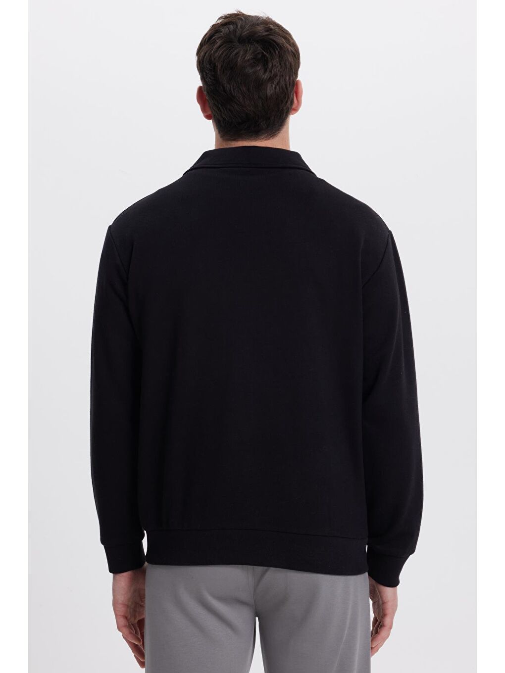 Erkek Relax Fit Rahat Kesim Pamuklu 3 İplik Fermuarlı Polo Yaka Siyah Sweatshirt-6