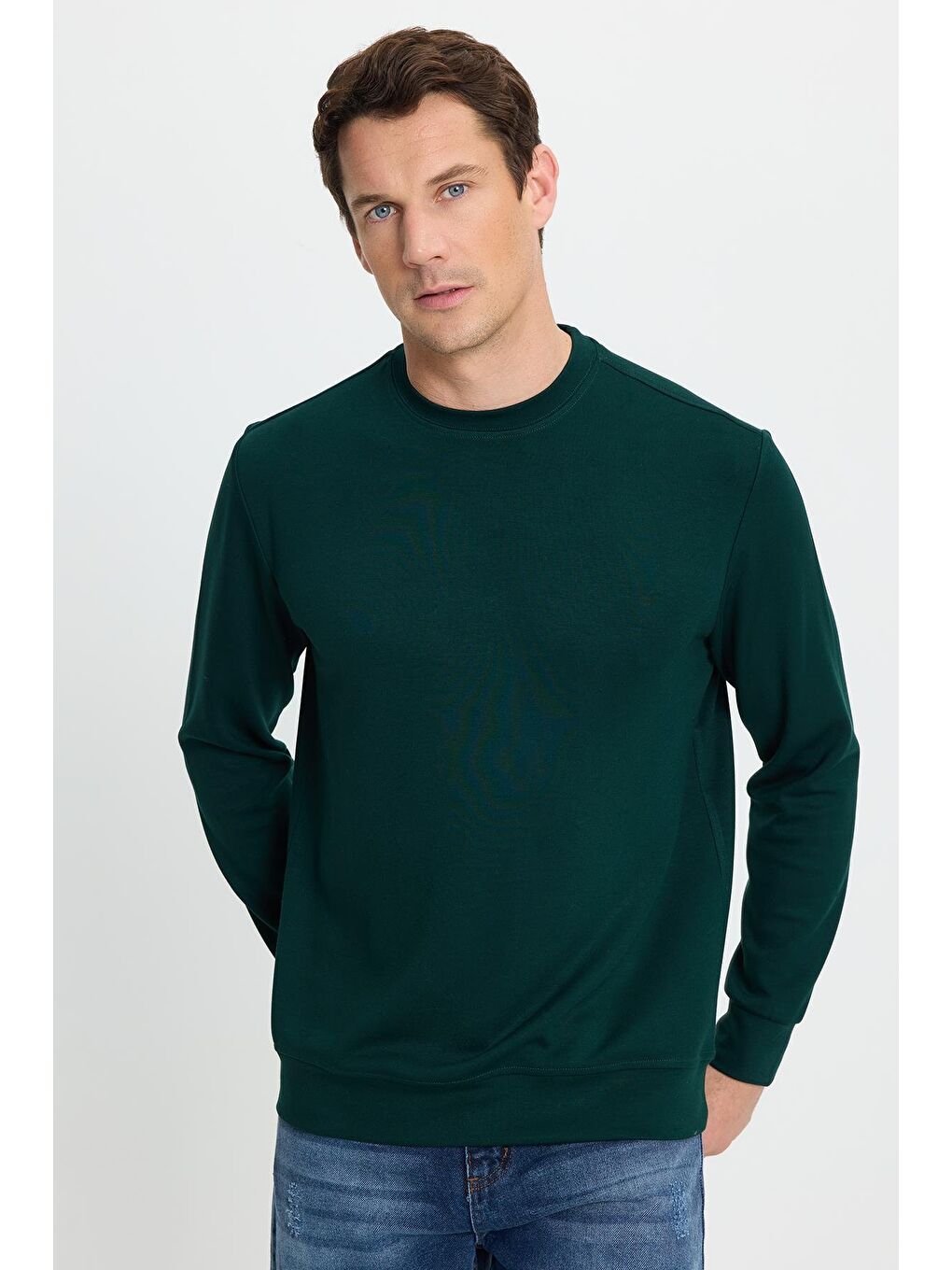 Erkek Standart Fit Normal Kesim Uzun Kollu Ekstra Soft Modal Kumaş Bisiklet Yaka Yeşil Sweatshirt