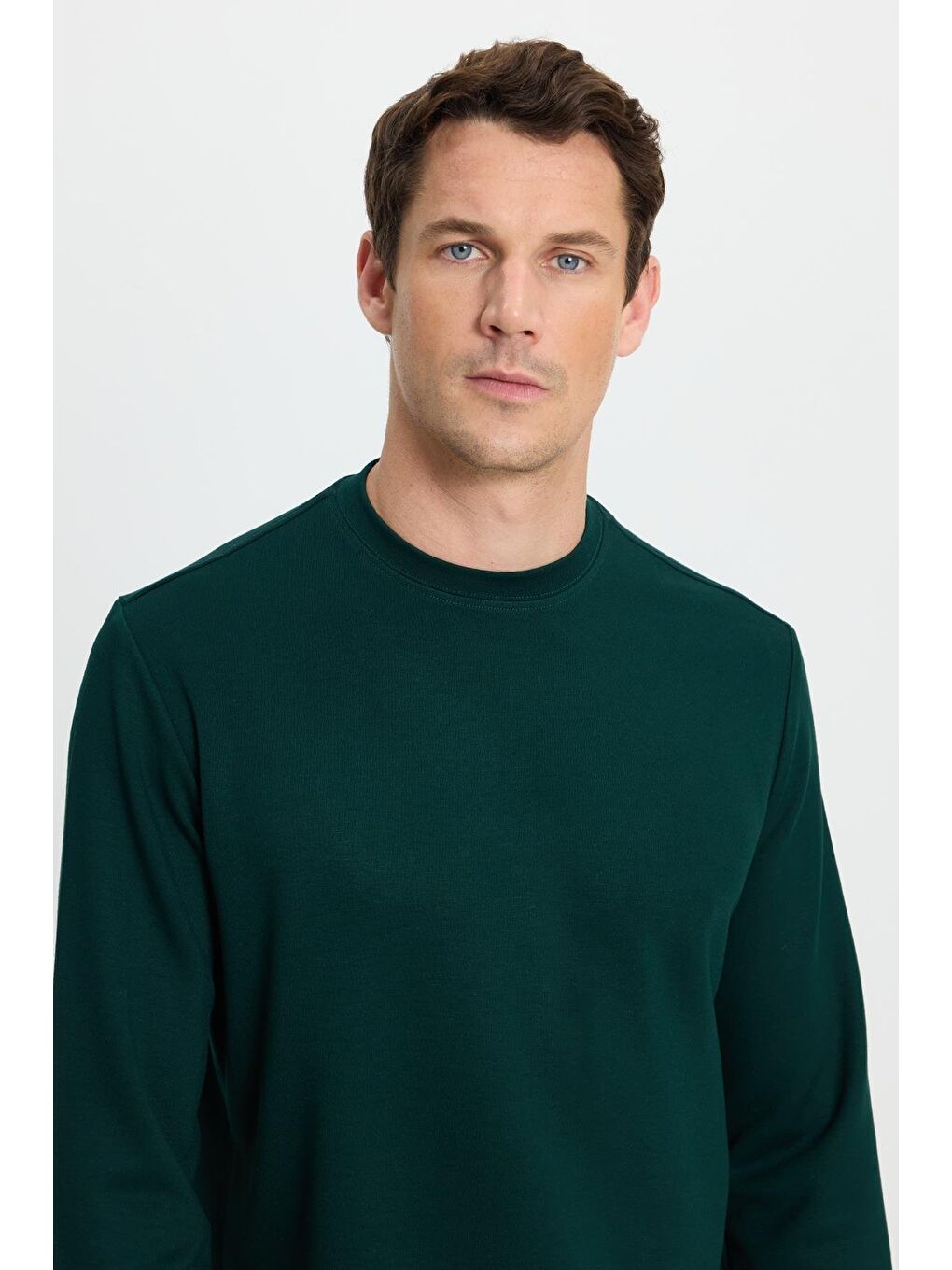Erkek Standart Fit Normal Kesim Uzun Kollu Ekstra Soft Modal Kumaş Bisiklet Yaka Yeşil Sweatshirt-1