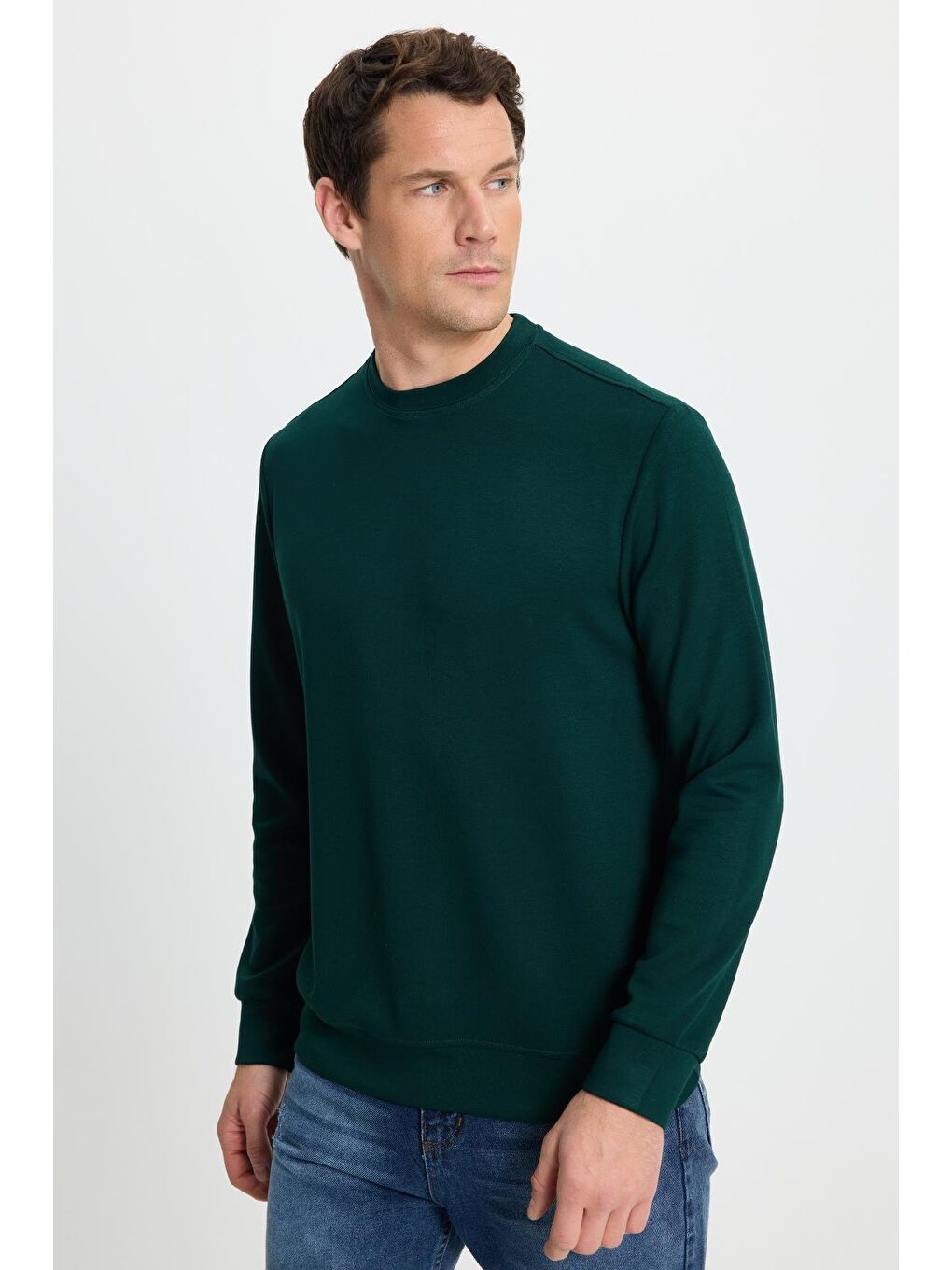 Erkek Standart Fit Normal Kesim Uzun Kollu Ekstra Soft Modal Kumaş Bisiklet Yaka Yeşil Sweatshirt-3