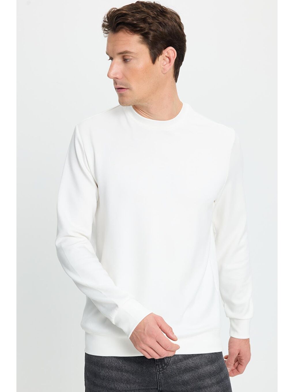Erkek Standart Fit Normal Kesim Uzun Kollu Ekstra Soft Modal Kumaş Bisiklet Yaka Ekru Sweatshirt-4